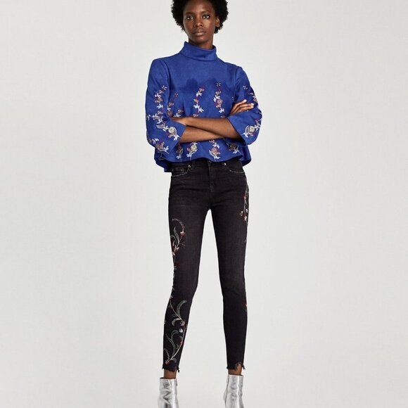 Zara THE SKINNY JEANS WITH FLORAL EMBROIDERY size US 12 - Picture 2 of 8